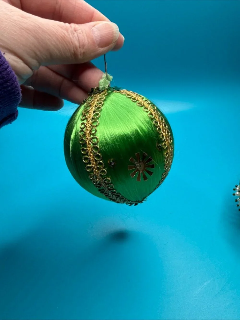 VTG Lot of 3 Push Pin Satin Beaded Jeweled Bulb Christmas Ornaments Red & Green